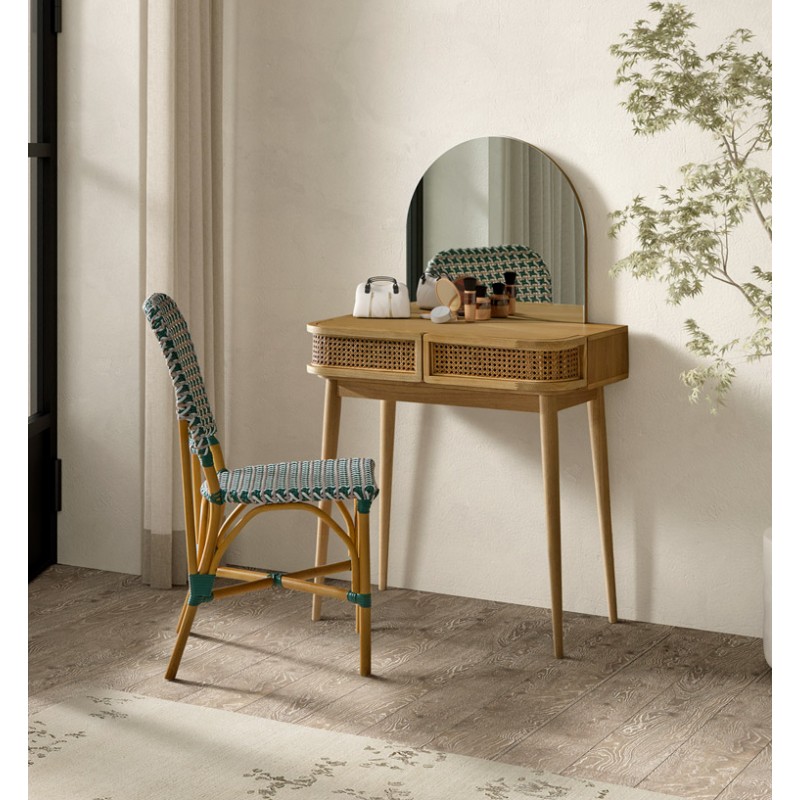 Toucador e espelho em chapa de carvalho e ratan